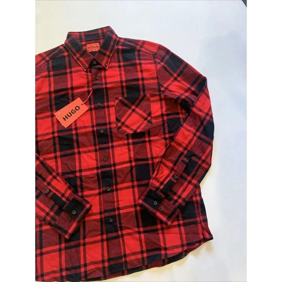 Hugo Boss Men's Red Plaid Ermann Long Sleeve Button Down Shirt Medium NWT - Picture 3 of 10